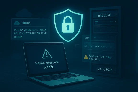 Glowing cybersecurity alert shows Intune error code 65000 with a lock shield and Windows exception on screens.