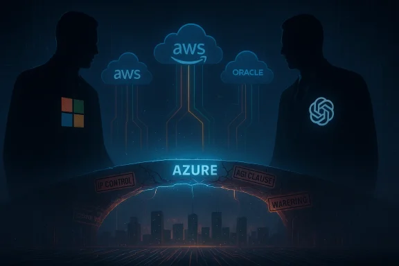 Silhouetted technicians face a glowing network cloud diagram linking AWS, Oracle, Azure, and AI.