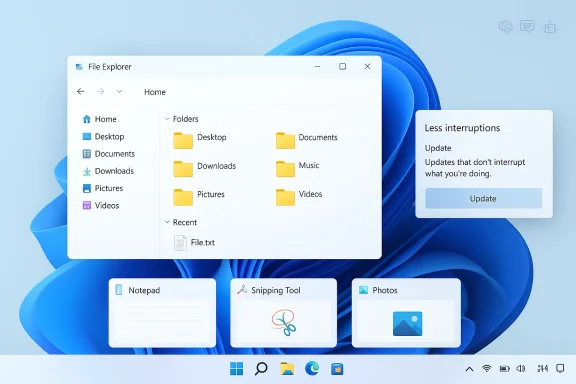 Windows 11 File Explorer open with a “Less interruptions” update notification on a blue desktop.