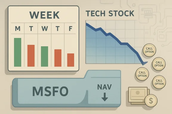 Week and Tech Stock dashboard with MSFO and NAV panels, a falling chart, and “CALL OPTION” coins.