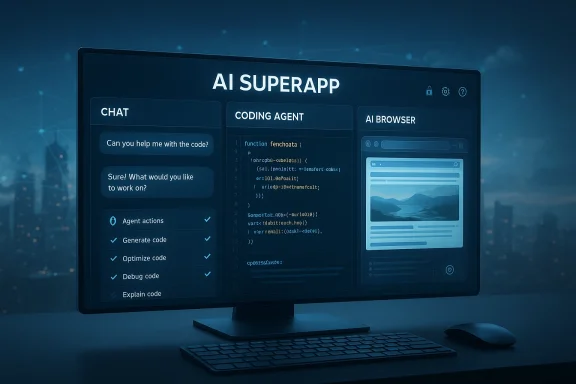 Futuristic AI assistant interface on a monitor labeled “AI SUPERAPP” with chat, coding agent, and AI browser panes. Futuristic AI assistant interface on a monitor labeled “AI SUPERAPP” with chat, coding agent, and AI browser panes.