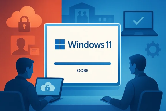 Illustration of Windows 11 login with security icons and two people on computers.