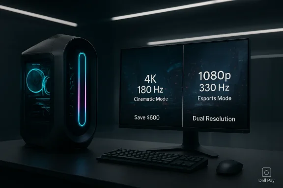 Futuristic gaming setup with glowing PC tower and dual monitor showing 4K/1080p modes.