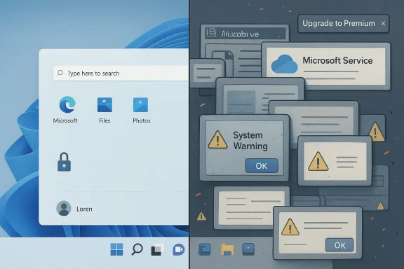 Windows desktop shows Microsoft Service upgrade and multiple system warning alerts over files and cloud icons.