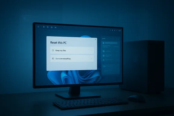 A PC monitor shows the “Reset this PC” menu with options to keep files or remove everything.