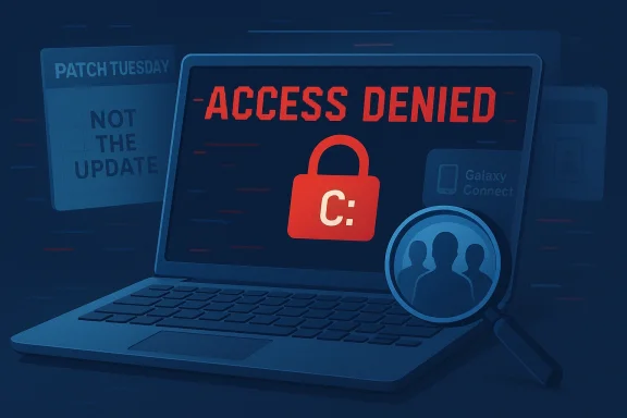A laptop displays “ACCESS DENIED” with a red lock icon and magnifying glass, suggesting blocked device access.