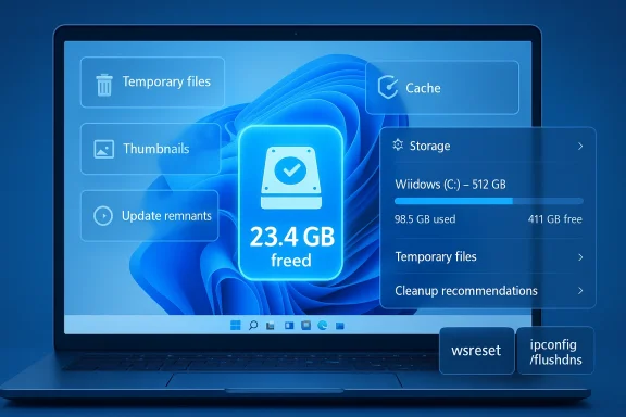 Windows storage cleanup UI on a laptop screen, showing 23.4GB free in Temporary files and Cache.