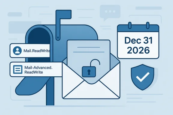 Illustrated email system with a locked envelope, mailbox icon, and a Dec 31, 2026 calendar marker.