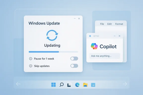 Futuristic Windows interface shows an update in progress alongside a Copilot chat window on blue backdrop.
