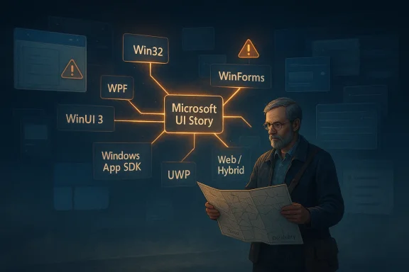 Illustration of a man holding a map while Microsoft UI Story connects to Windows platforms like Win32 and Web/Hybrid.