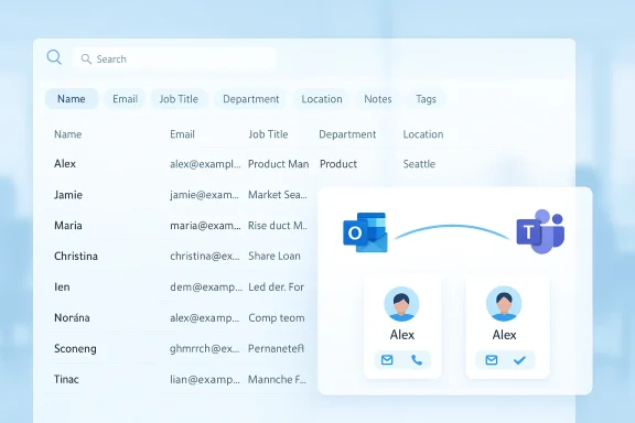 Screenshot of a blue contact table with search bar and user profile cards labeled Alex.