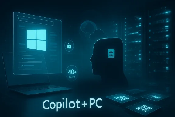 Neon “Copilot + PC” AI concept with a laptop screen, cloud icons, and NPU/40+ TOPS metrics.