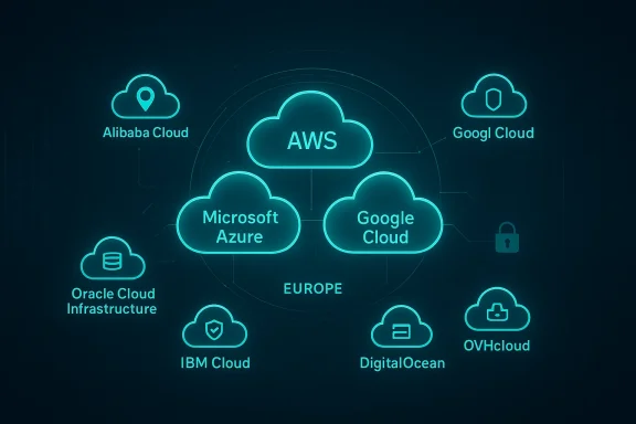 Neon cloud network graphic linking major cloud providers (AWS, Azure, Google Cloud, and others) in Europe.