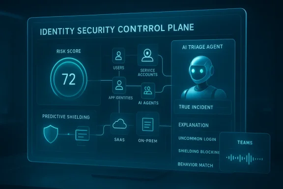 Futuristic cyber security dashboard showing an identity security control plan and AI incident triage.