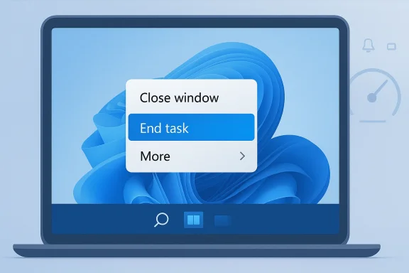 Laptop screen shows a “Close window” dialog with an “End task” button over a Windows-like background.