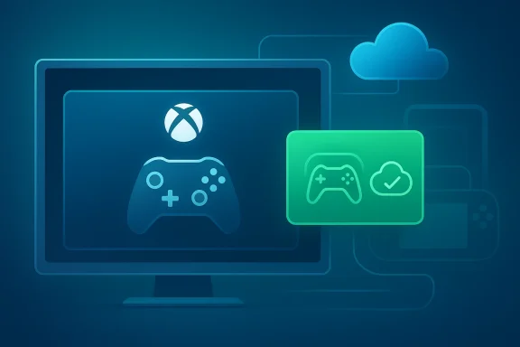 Abstract cloud gaming illustration with a controller on a monitor and a loading icon in neon blue/green.