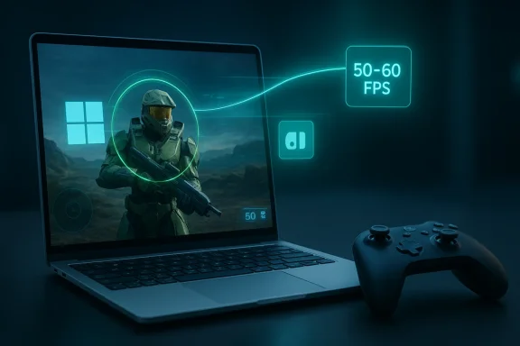 Gaming laptop with holographic HUD showing a 50–60 FPS performance boost and controller.