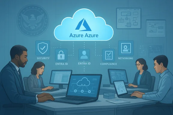 Illustration of a team in a meeting room using Azure cloud services for security, networking, and compliance.
