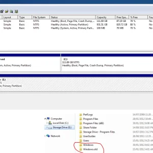 Disk Management and Windows Explorer screenshot post fresh Win 7 install on replacement SSD.webp